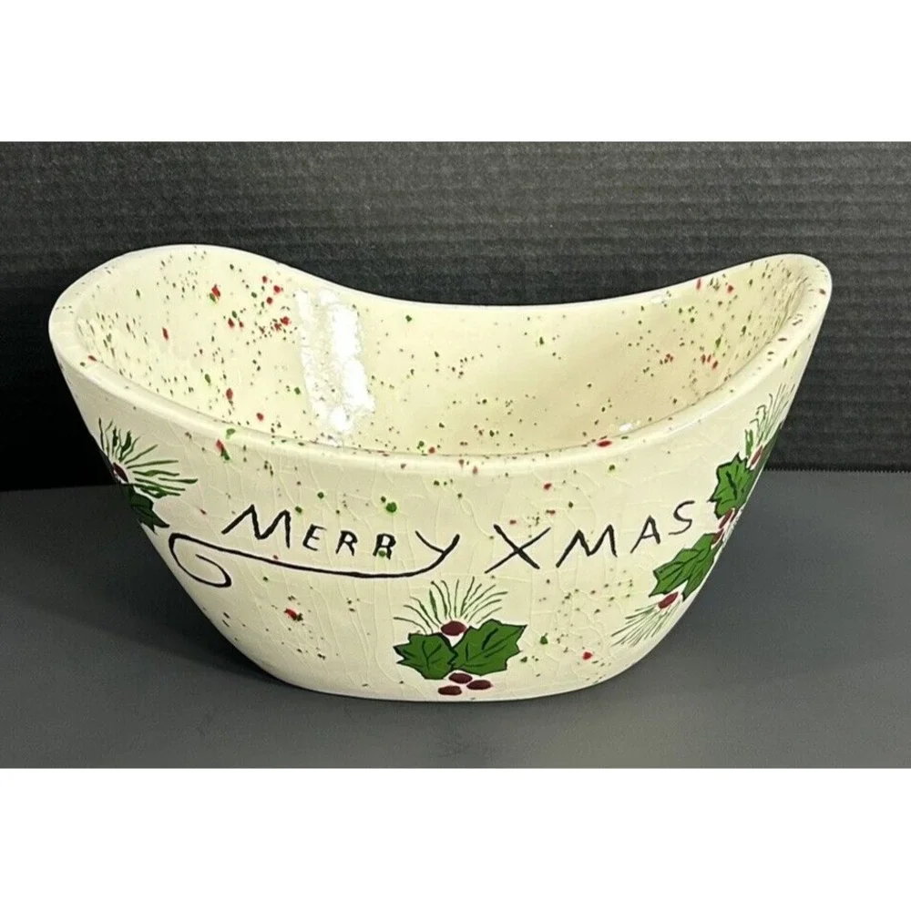 Merry X-mas Bowl Red Green‎ Sprinkles 1990 OOAK Christmas Holiday popcorn